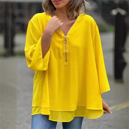 💥HOT SALE💥🌷Tops doux à col en V double couche avec fermeture à glissière et manches 3/4