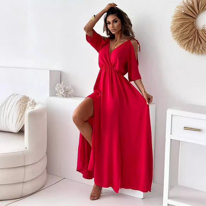 Robe sexy élégante à col en V et fente latérale pour femme🎀