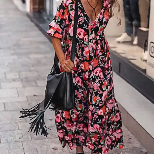 【Livraison gratuite et réduction de 50%】🌺Robe fluide florale à col en V pour femmes