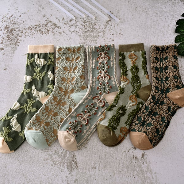 Chaussettes en coton à fleurs pour femmes (5 paires/1 jeu)-3